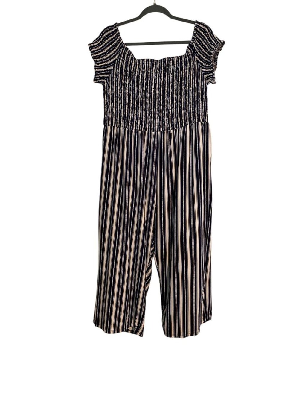 J For Justify Women 3X Navy White Smocked Jumpsuit Striped Wide Leg Preppy Boho